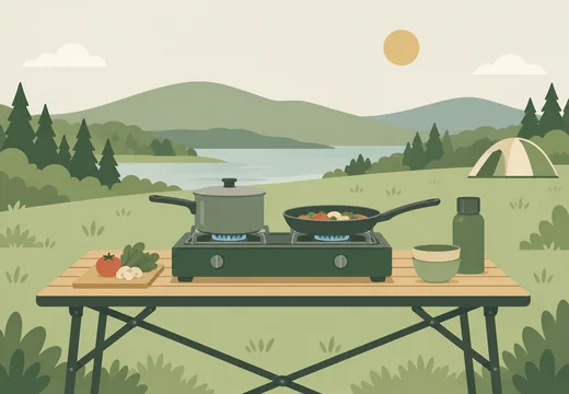 Illustratie van een tweepits campingkooktoestel met pannen op een tafel, met een tent en groene heuvels op de achtergrond.
